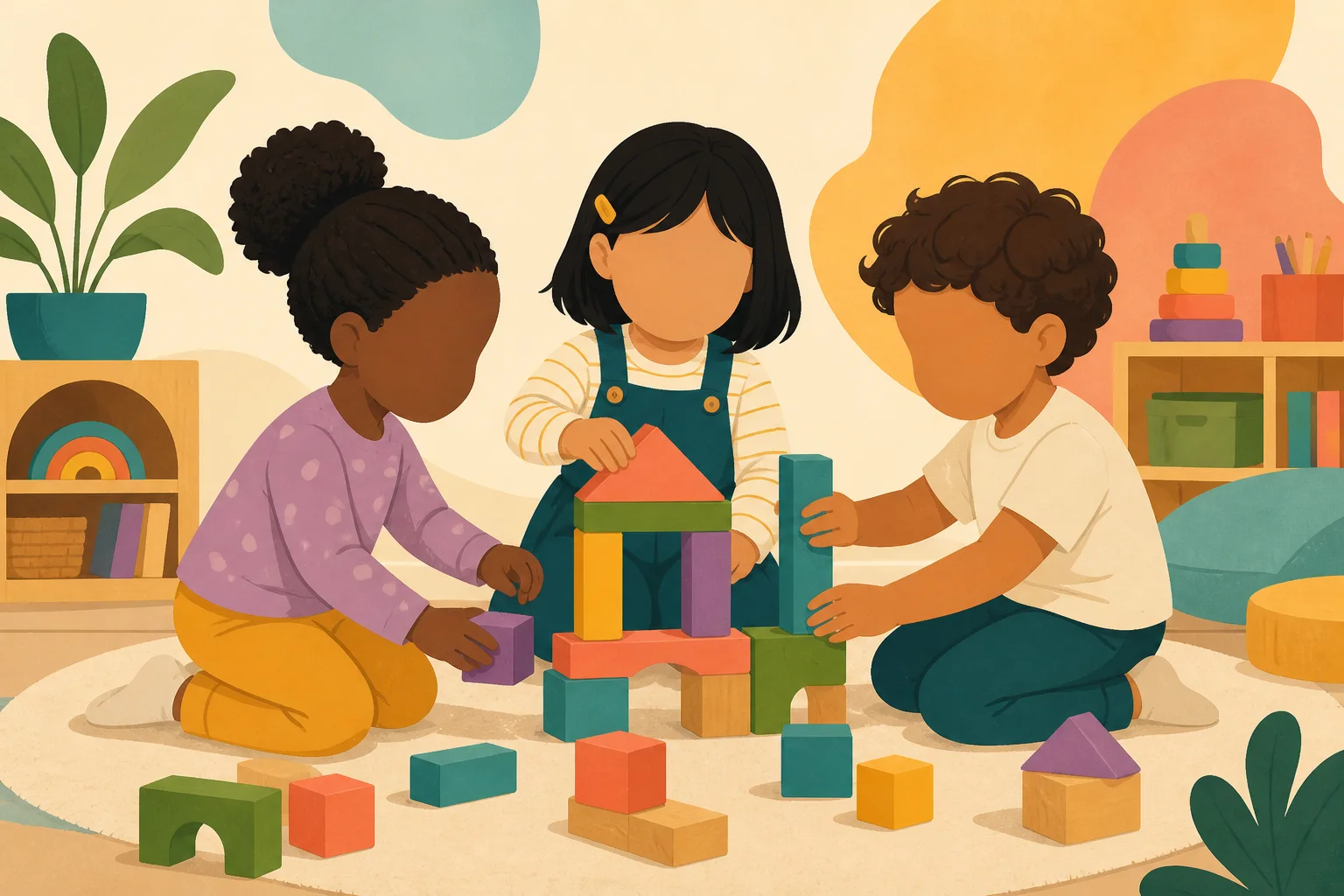 Illustration of children learning together with colorful blocks