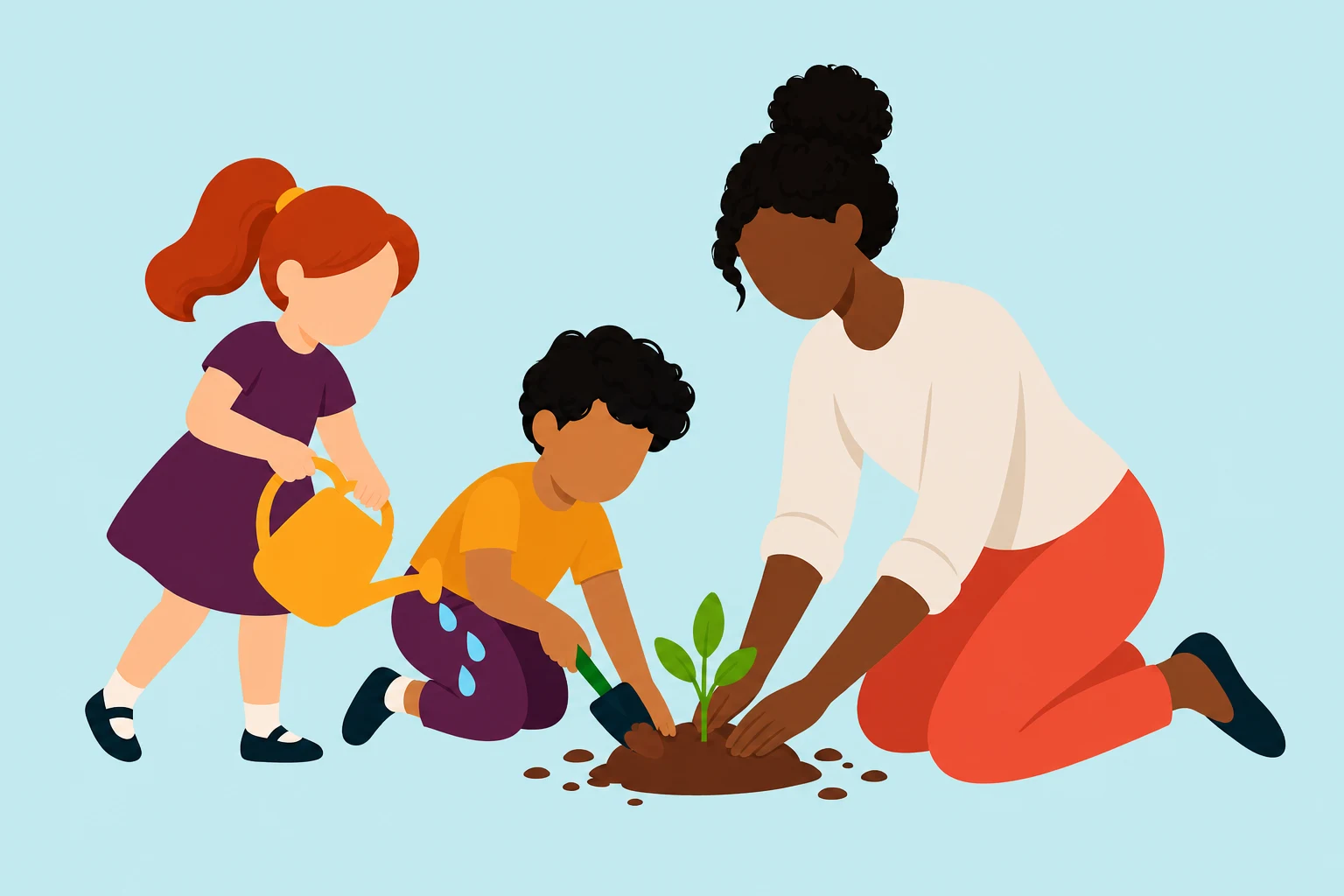 Illustration of children and a teacher learning together in a garden