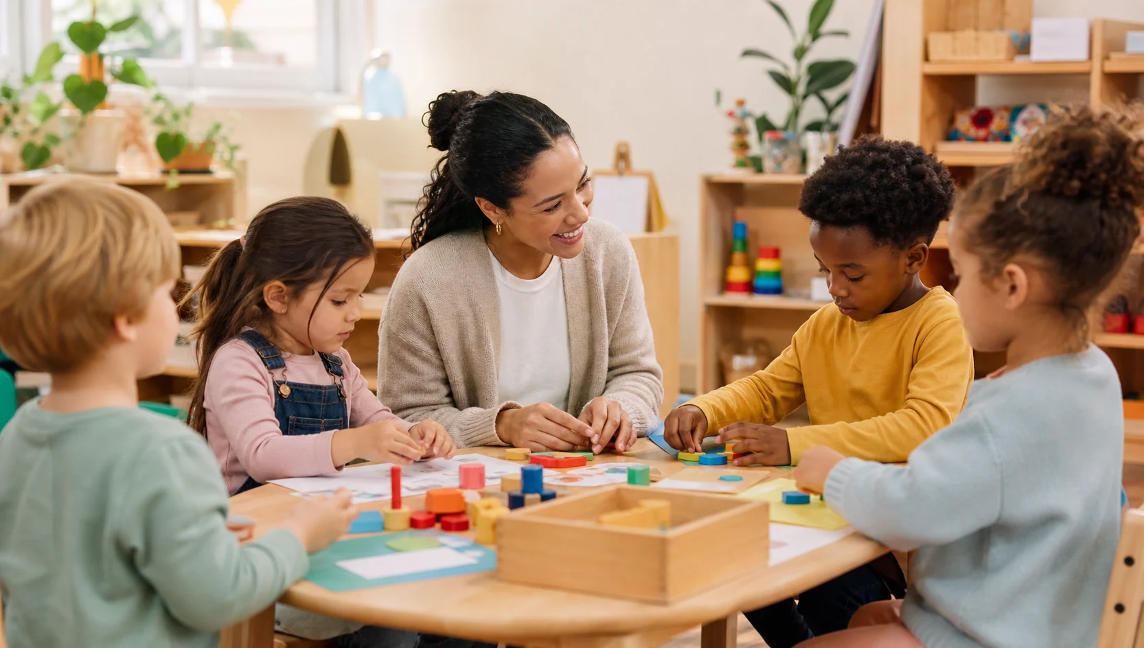 Illustrative classroom scene of a teacher creating with a small group of preschool children