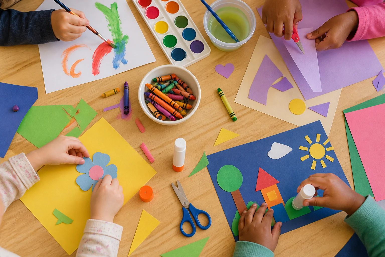 Illustrative overhead scene of children making colorful art together