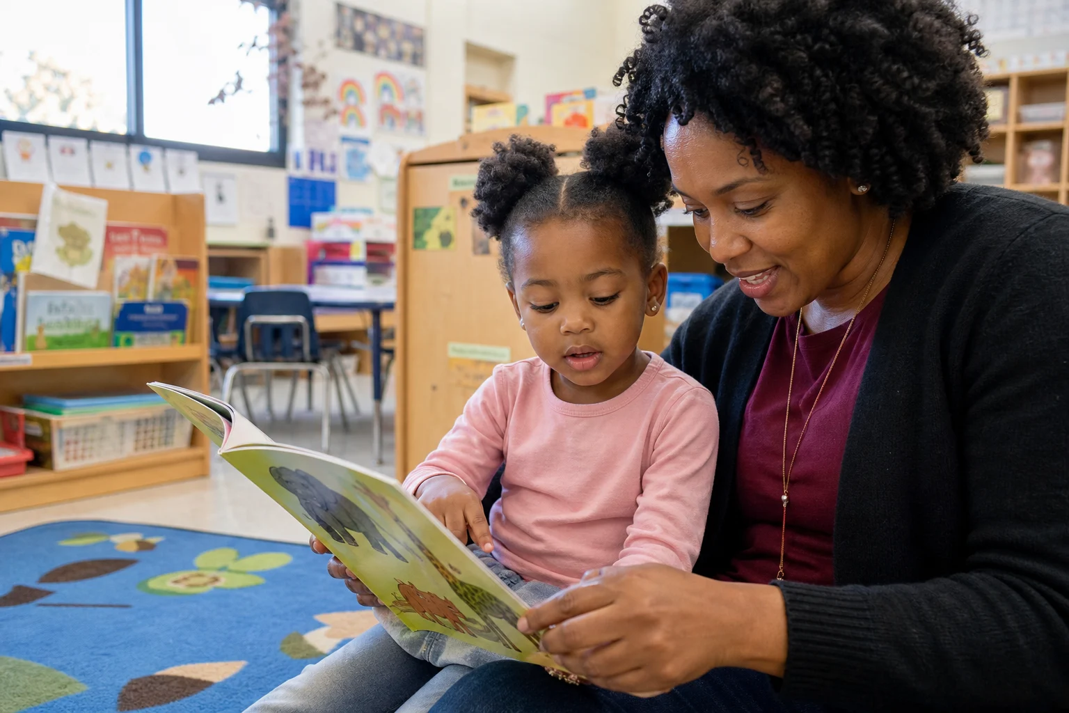 An African American preschool teacher and child reading together in a classroom