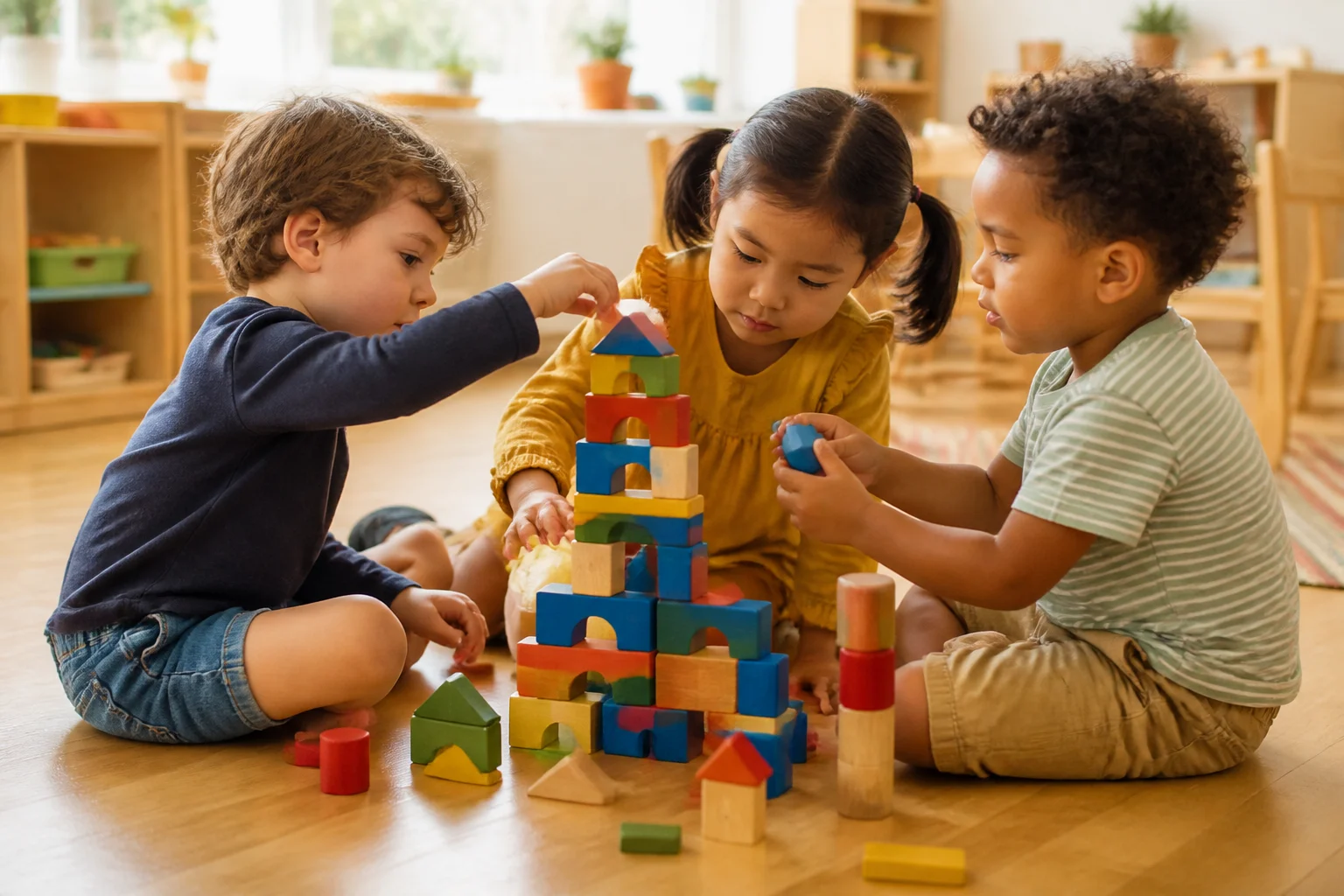 Illustrative classroom scene of three preschool children building together with wooden blocks