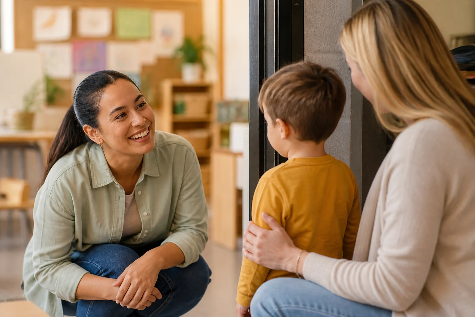 Illustrative scene of a preschool teacher welcoming a parent and child for a visit